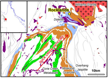 Location of Rocklands project area on the nose of the northeast plunging Duck Creek Anticline, Quamby-Malbon Zone, Eastern Succession, Mt Isa Inlier. Faults and major units shown.