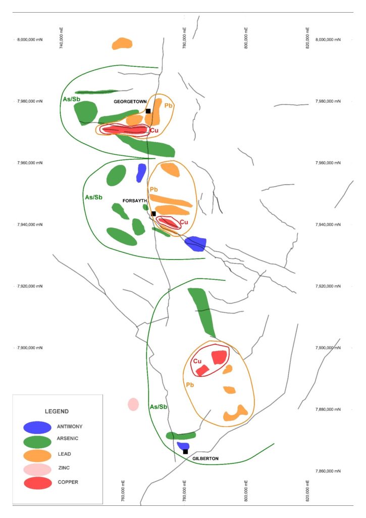 FIGURE 11 : Map showing Georgetown metallogenic camps coloured by most enriched base metal including arsenic and antimony. Note copper rich cores enveloped by lead and a peripheral arsenic and antimony zone. Gold occurs throughout all camps but is more often found associated with lead.