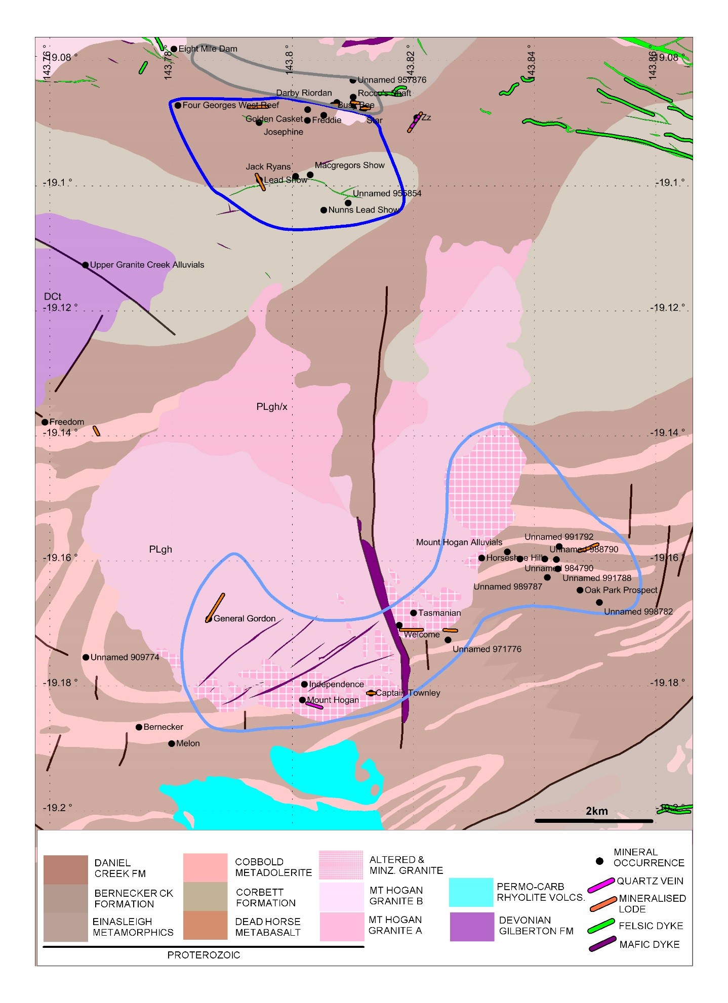 FIGURE 12 : Mount Hogan geology showing horseshoe shaped Proterozoic age granite with early more mafic phase to north and more fractionated phase in south. This figure shows the distribution of shallow dipping, auriferous sheeted vein sets localised around the south-eastern margin of the Mt Hogan Granite.