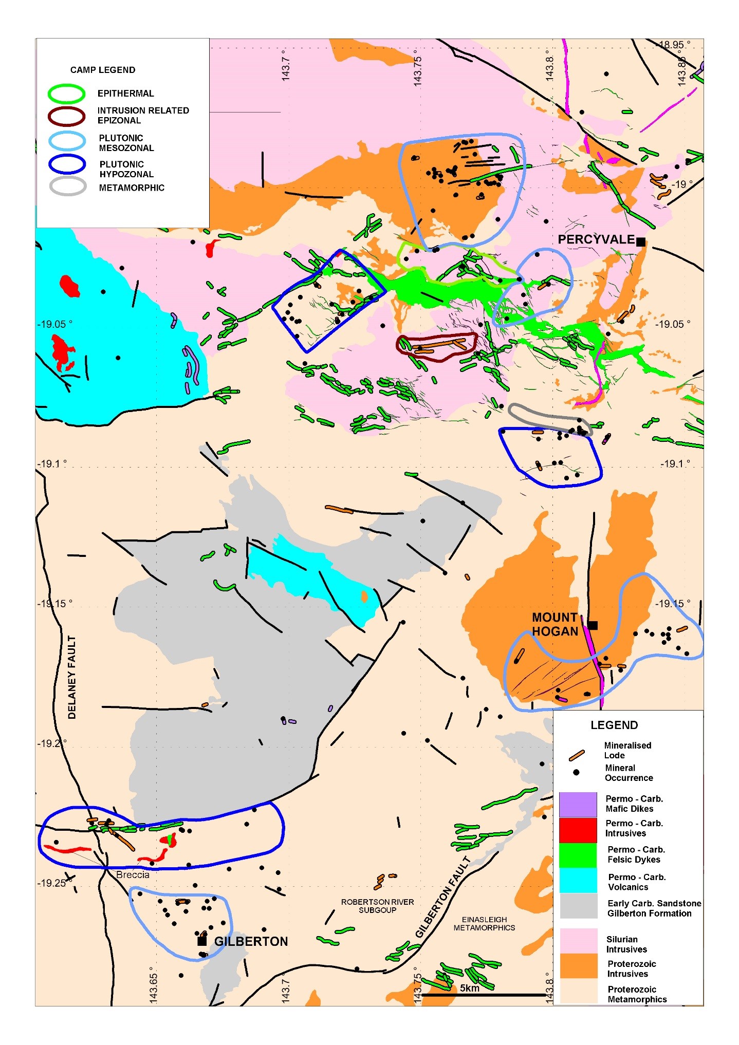FIGURE 14 : Gilberton District simplified geology showing metallogenic camps, mineral occurrences and major structures.