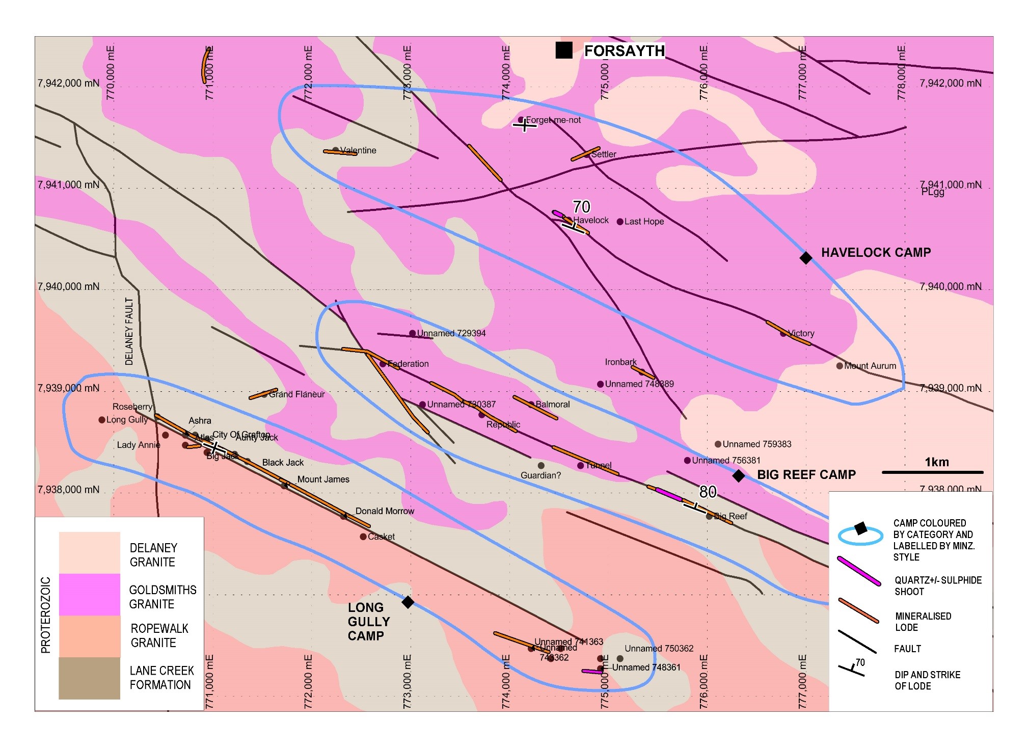 Figure 13: Map of major Devonian Plutonic Lode style camps near Forsayth. Shows major northwest trending structures that host mineralised lodes at intervals along their length. In places higher grade quartz-sulphide shoots are present within the lodes.