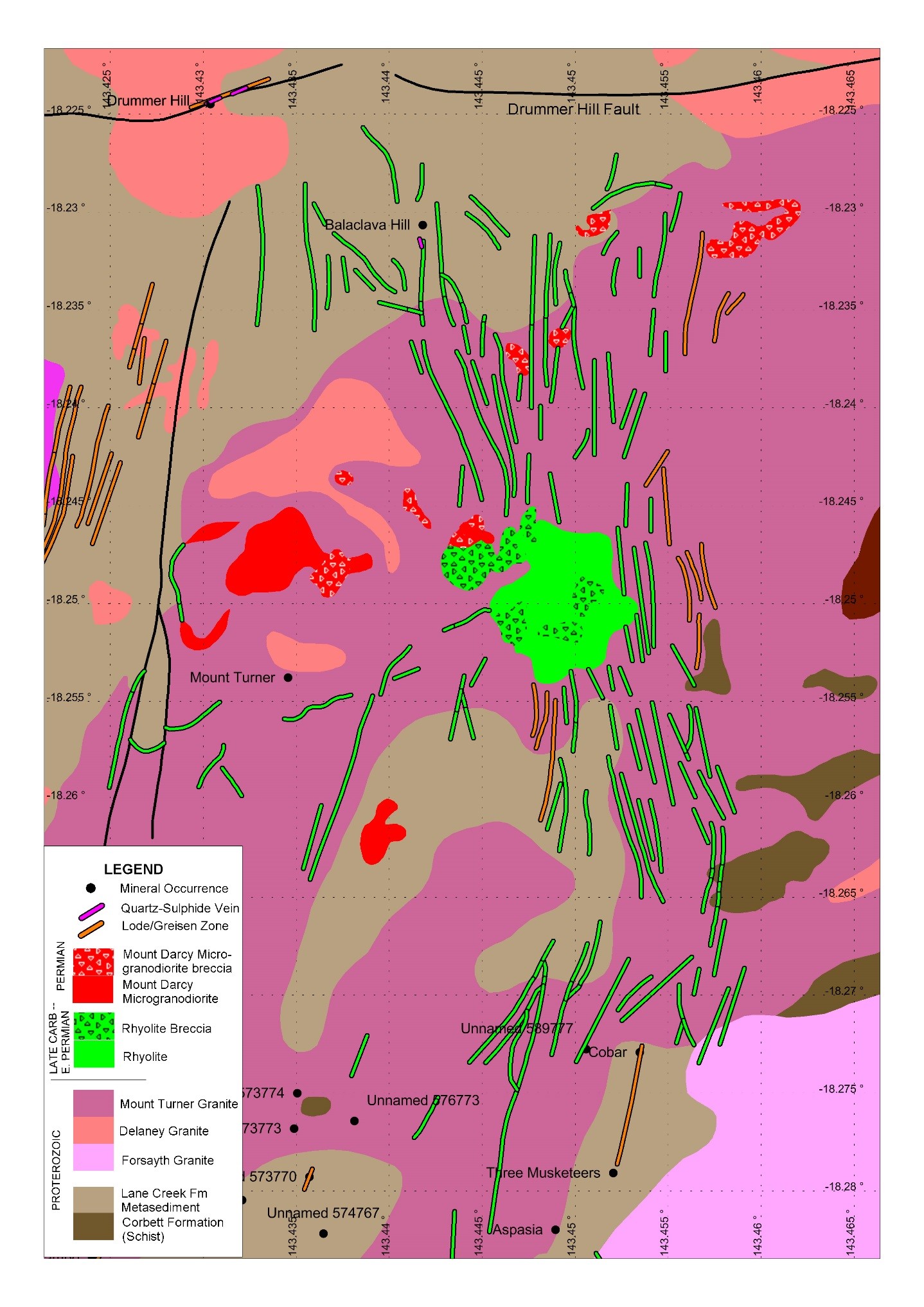 Figure 23 : Mount Turner geology map showing relationship of Permo-Carboniferous intrusives, breccia bodies, related dykes swarms and structurally controlled greisen zones.