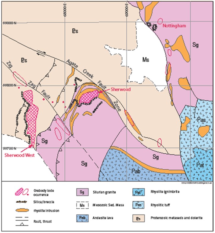 Figure 25: Simplified geology map of the Agate Creek Camp showing the relationship of the deposits to the geology and structure.