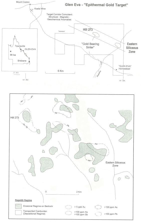 Figure 9 Glen Eva Project-surface geology and mixed media lag sampling anomalies (from Alston et at. 1996)