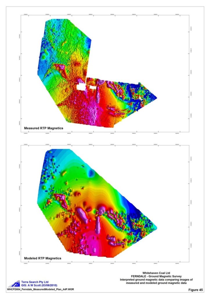 Actual (top) Vs Modeled (bottom) High Resolution Ground Magnetic Survey 10m line spacing Gunnedah Basin Coal RTP