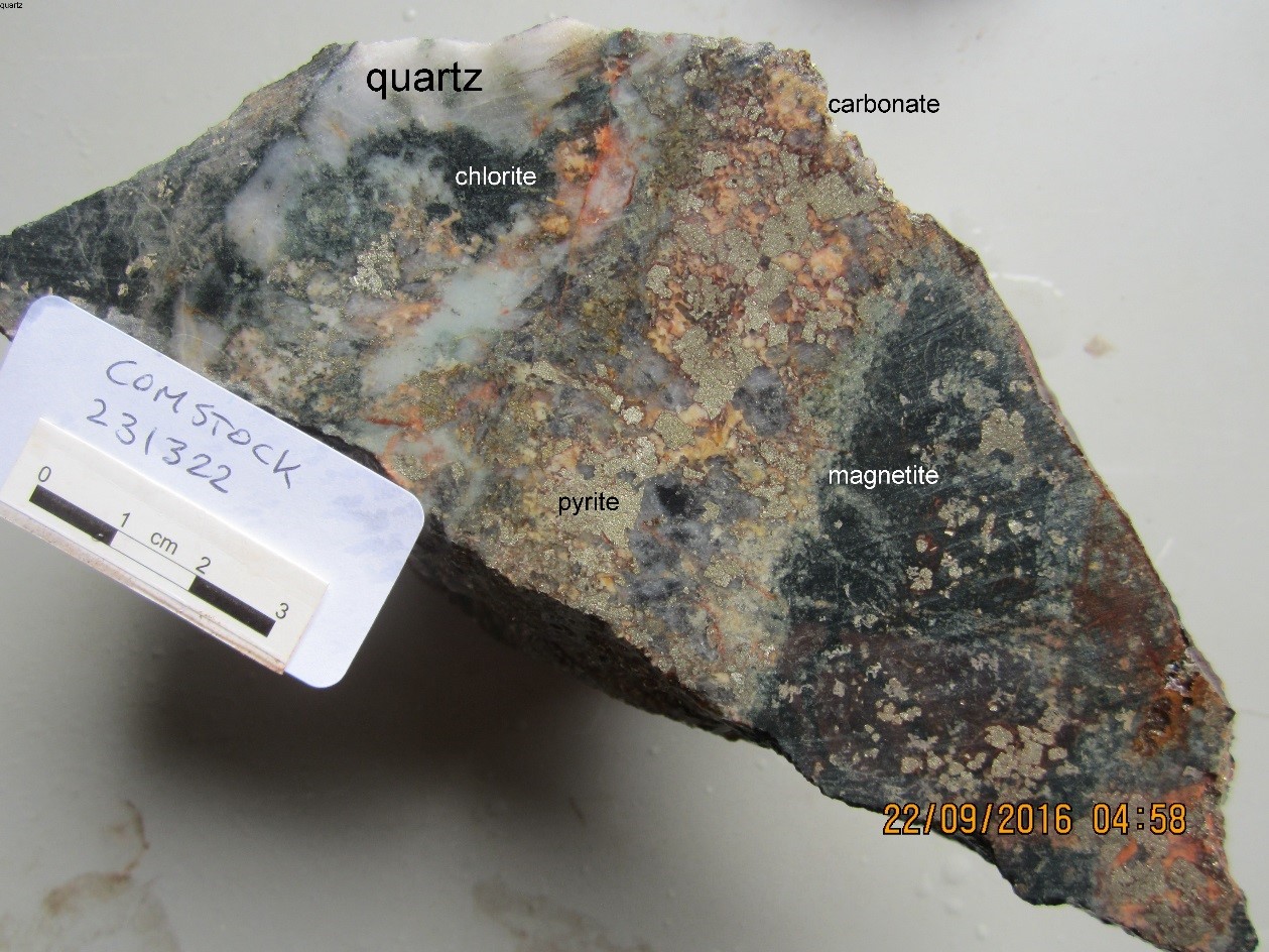 PLATE 22 : Comstock gold mine ore. Brecciated metadolerite cemented and replaced by quartz, iron carbonate, chlorite, pyrite and magnetite (5.67 g/t Au, 2.67 g/t Ag).