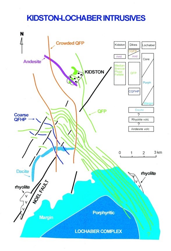 FIGURE 18 : Kidston gold deposit regional geology map showing location along northerly trending rhyolite dyke swarm emanating from the Permo-Carboniferous Lochaber-Bagstowe intrusive complex.