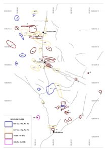 Figure 10 : Camps coloured by Geochemical Class labelled with the metal zone for each camp.