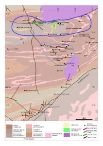 Figure 15 : Gilberton and Black Knob Camps geology. Shows location of the mineral occurrences and orientation of major lodes and location of regional scale faults.