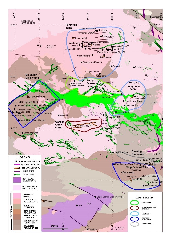 Figure 16 : Geology of the Percyvale area showing camps and mineral occurrences. Note the abundant westerly trending swarm of mainly Permo-Carboniferous rhyolite dykes passing through the centre of the metallogenic camps.