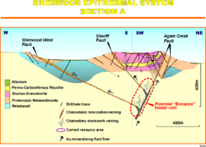 Figure 26 : Model cross-section through the main deposits with an interpreted link to a bonanza feeder zone (Renison Consolidated Annual Report, 2012).
