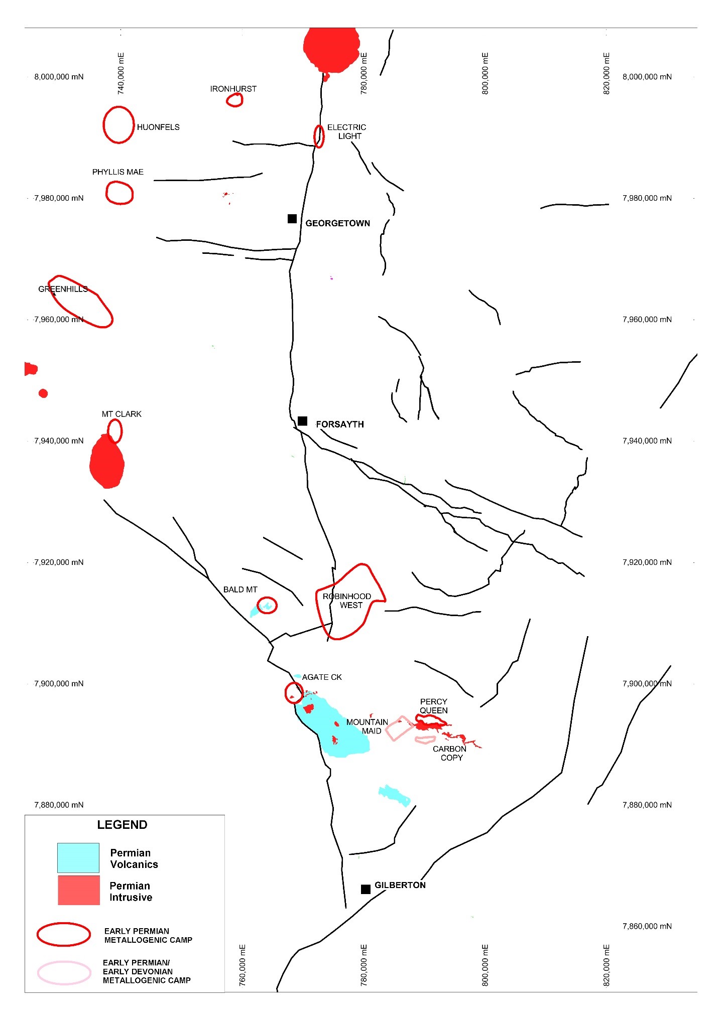 Figure 28: Permian geology with Permian metallogenic camps