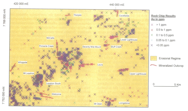 Figure 5 Effectiveness of rock chip sampling in an erosional regime- Mt Leyshon area, 3755 samples