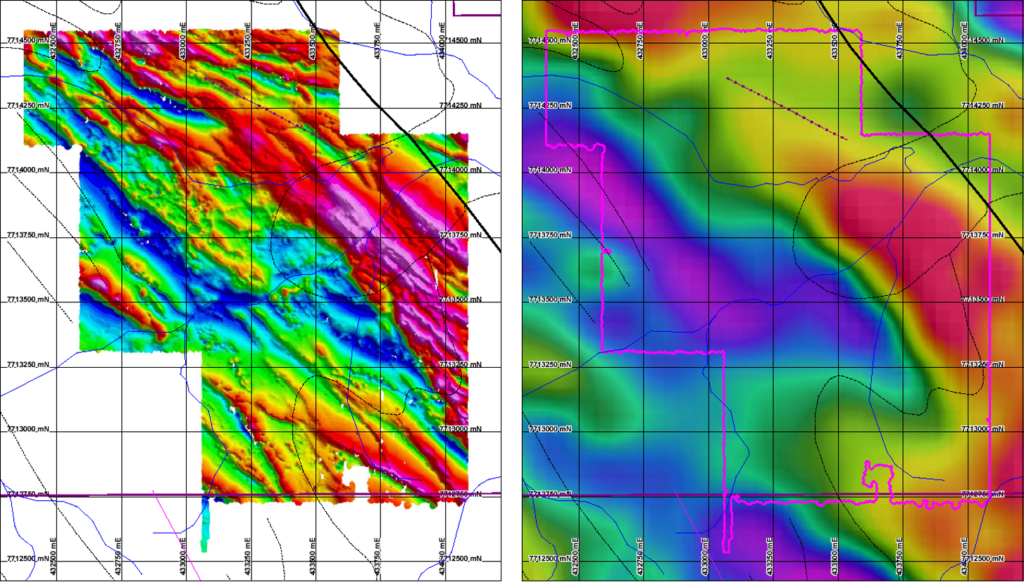 Copper Project West of Cloncurry: Comparison ground magnetics(left) with aeromagnetics(right)