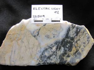 PLATE 13: Early phase of brecciation cemented by fine, black silica-pyrite cut by a stockwork of clear to white, fine comb quartz. Rhyolite breccia ore from Electric Light. Intrusion Related Epizonal (Sample #231509; 70.9 g/t Au, 50.6 g/t Ag).