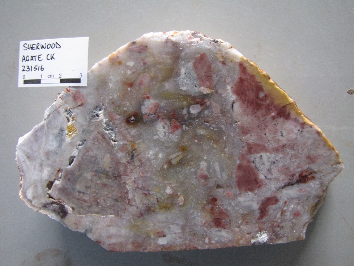 PLATE 16: Polymictic breccia composed mostly of rhyolite angular clasts cemented by cryptocrystalline quartz. Cut by later fine veinlets of clear quartz. Hydrothermal breccia from Sherwood, Agate Creek, Forsayth (Sample #231516; +100 g/t Au, 42 g/t Ag).
