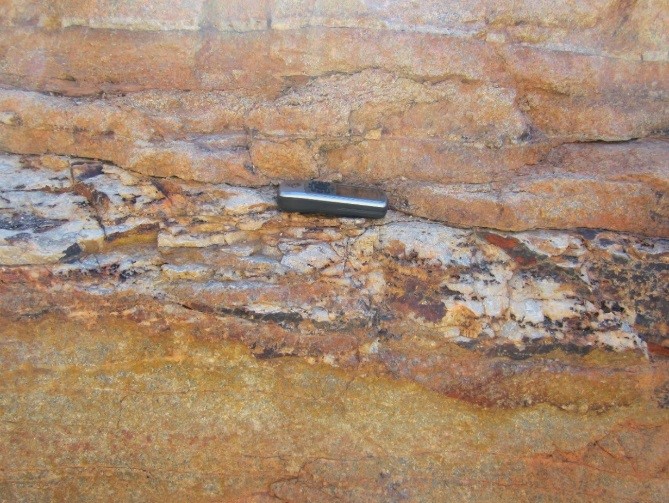 PLATE 20 : Close up photo of Mount Hogan high grade quartz vein exposed in Mount Hogan open cut. Photo shows recrystallised euhedral, buck quartz vein containing sulphide tension veins and quartz - sericite alteration selvage, typical of the gold bearing veins found at Mount Hogan.