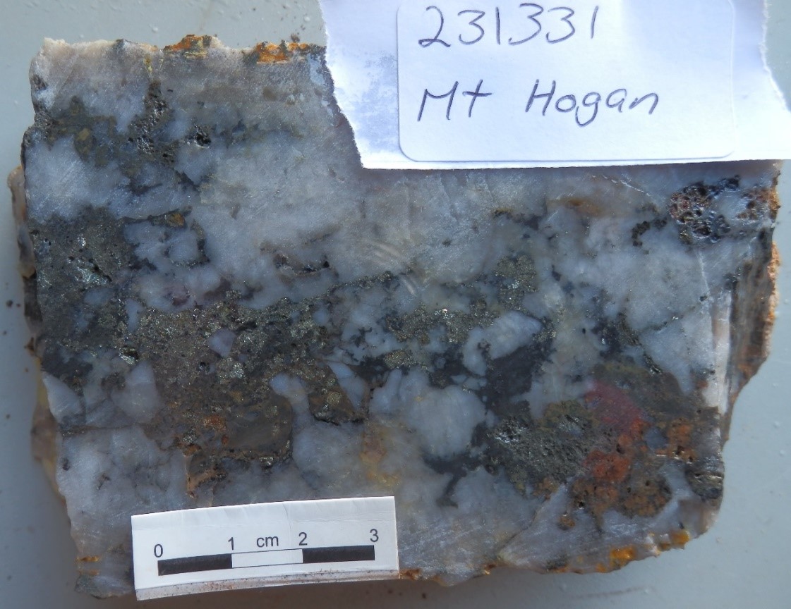 PLATE 9: Early medium grained euhedral buck quartz, fractured, brecciated and recrystallised with open space filled by pyrite, chalcopyrite and galena. ore from Mount Hogan, Plutonic Mesozonal (Sample #231331; 336 g/t Au, 498 g/t Ag).